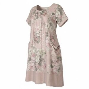 100% Linen Floral Print Short Sleeve Dress With Pockets Pink